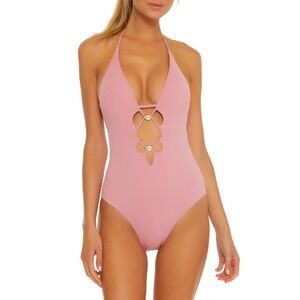 Isabella Rose Shell One Piece Swimsuit Mauve Pink Halter Cut Out Medium NWT